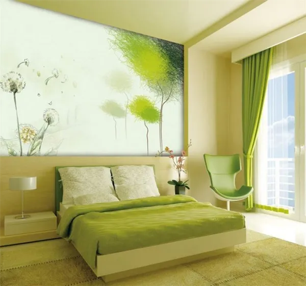Монохромный интерьер зеленой спальни