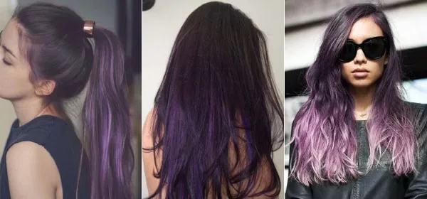 Фиолетовые пряди на темных длинных, коротких, средних волосах. Как сделать окрашивание, фото